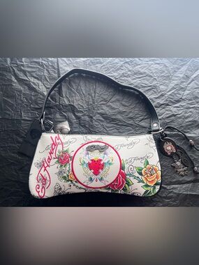 Ed Hardy White Floral Love Kills Tattoo-Print Shoulder Bag w/ Black Handle NWT